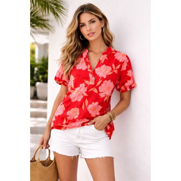 Karli Tops - Karlie Red Pink Floral Blouse Boho Resort Summer Top Lightweight